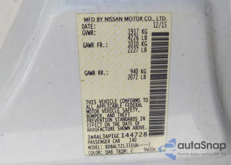 2016 Nissan Altima 2.5 Sl z USA, uszkodzony, nr VIN 1N4AL3AP1GC144728